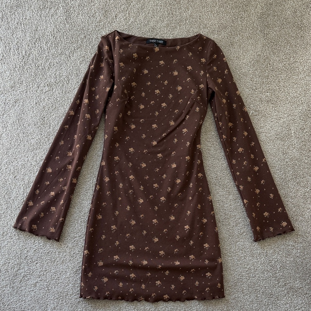 Chic Long Sleeve Brown Floral Dress